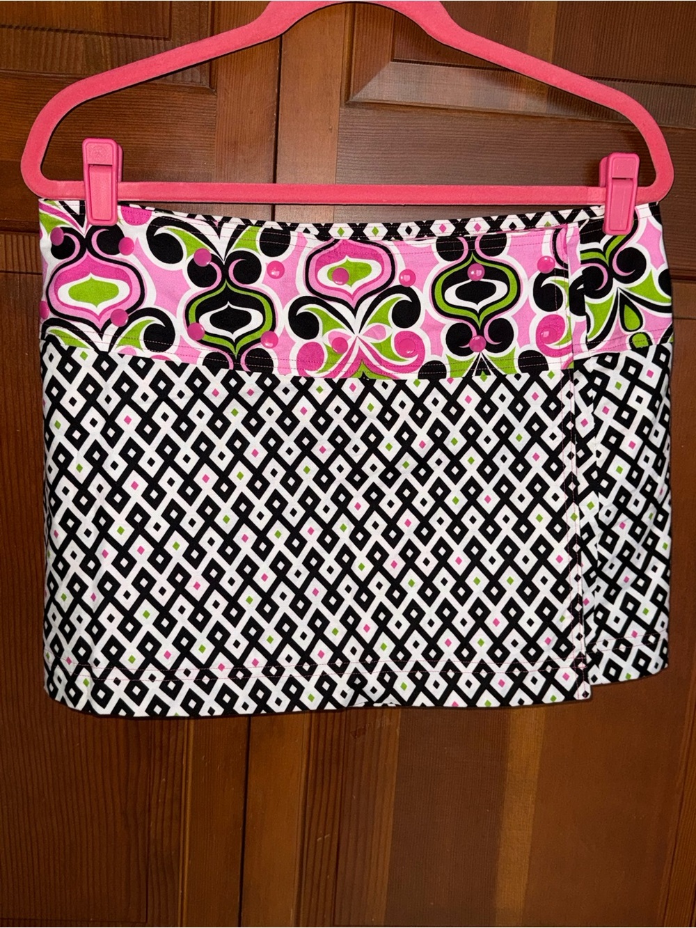 Sizes 2-14 Sweet Spot Fully Reversible Wrap Skirt Pink/Black/Lime Geo Print